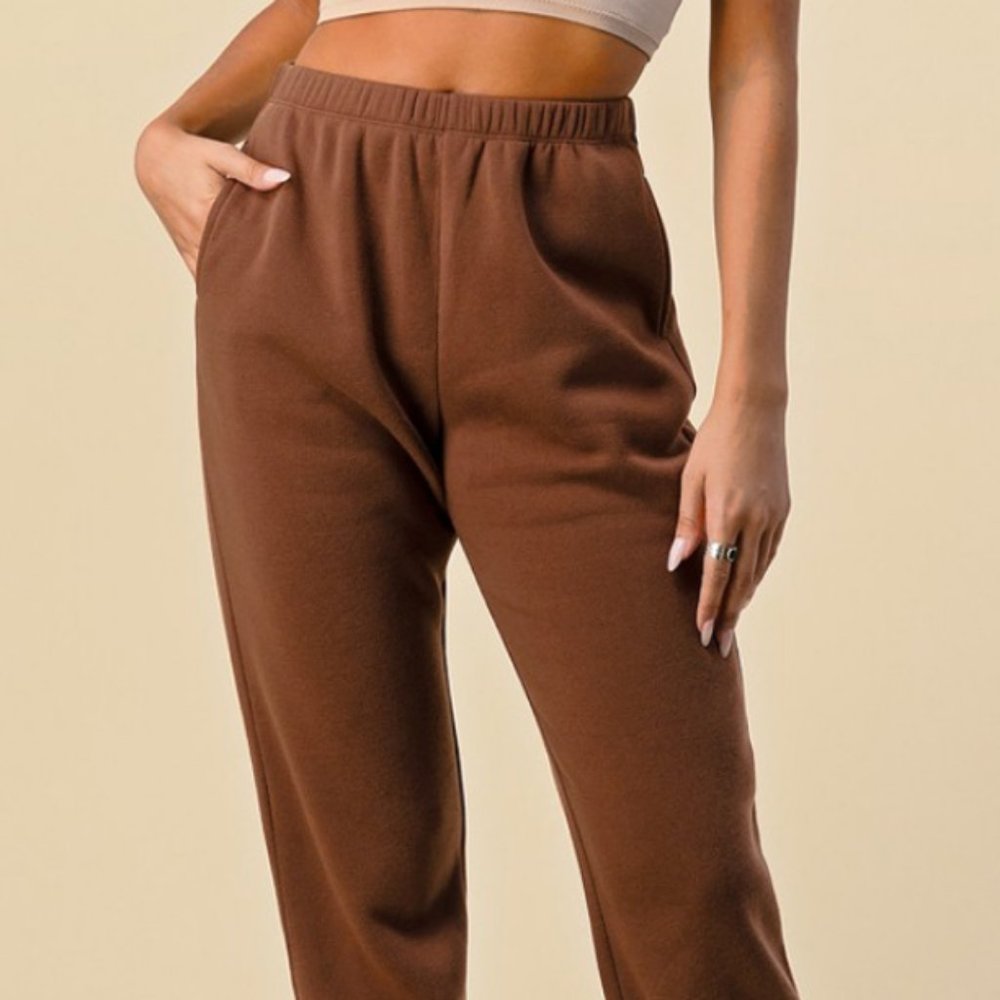 NEW Chocolate Brown High Waist Side Pockets Relaxed Fleece Jogger Sweat Pants - Picture 5 of 9